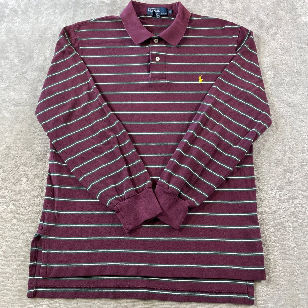 Polo Ralph Lauren Shirt Mens Medium Burgundy Striped Long Sleeve Preppy Casual